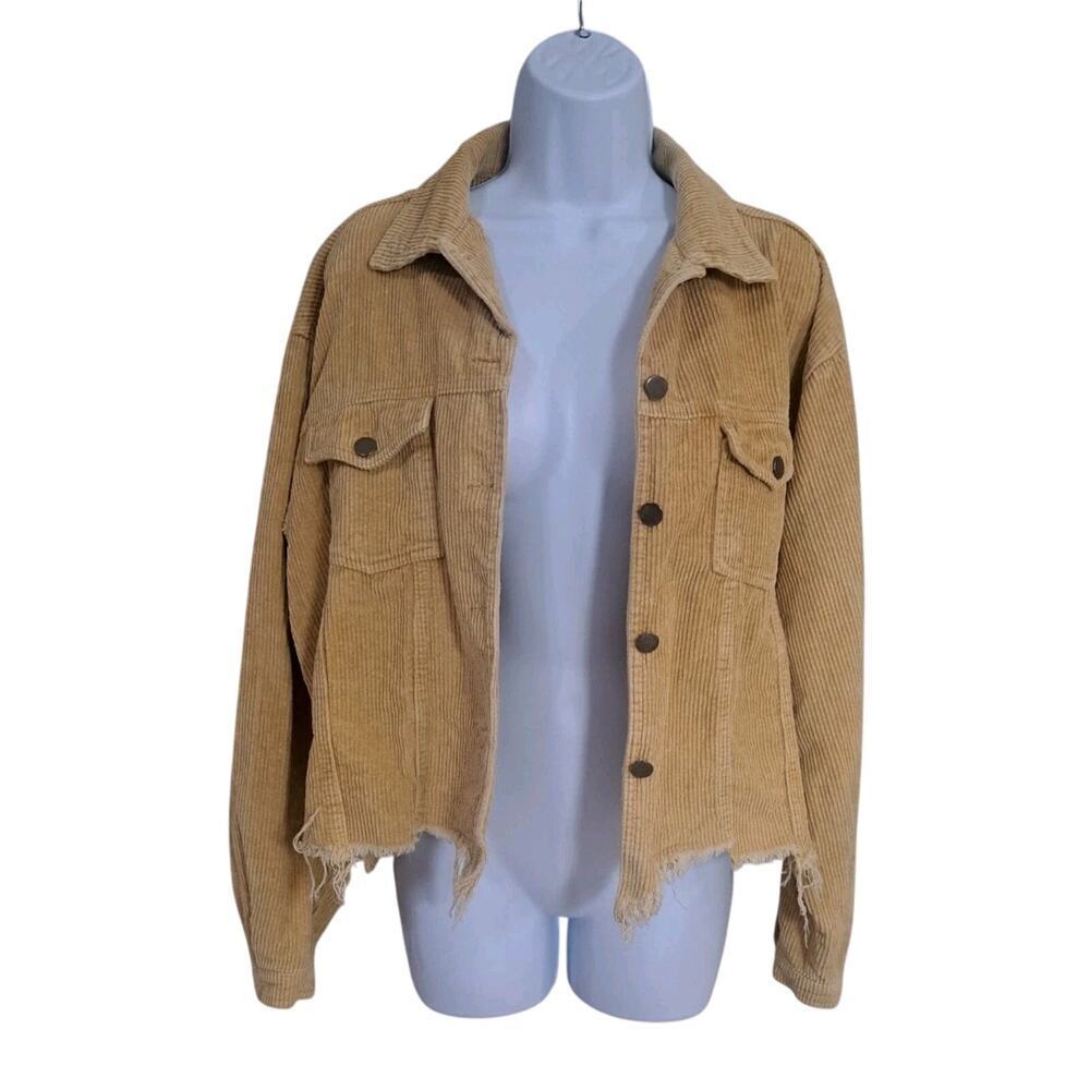 POL Khaki Corduroy Cropped Jacket/Shacket Size Small Grunge Boho Preppy Raw Hem - Picture 2 of 7